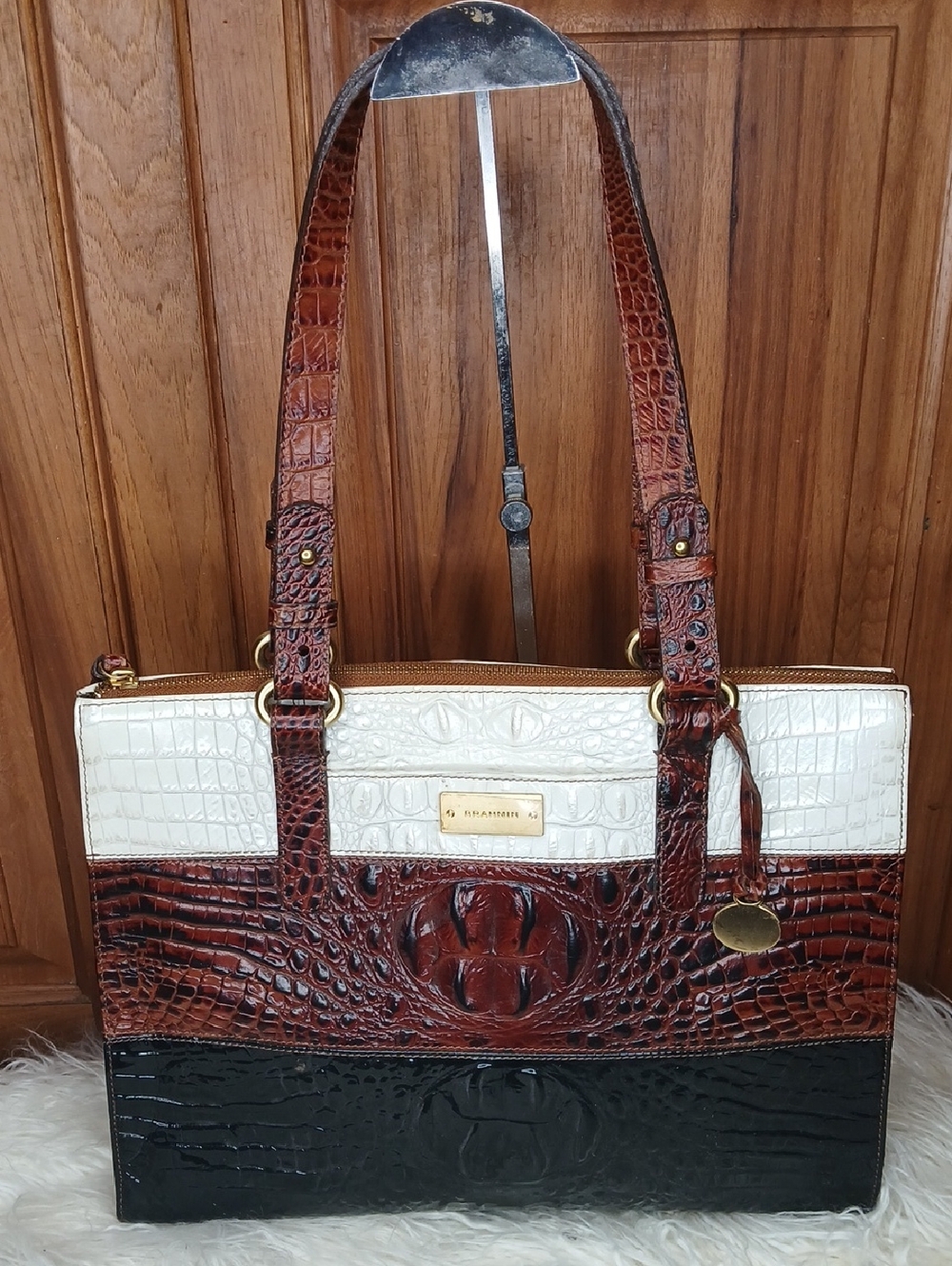 Brahmin Tri-Color Croc-Embossed Tote - White, Brown & Black